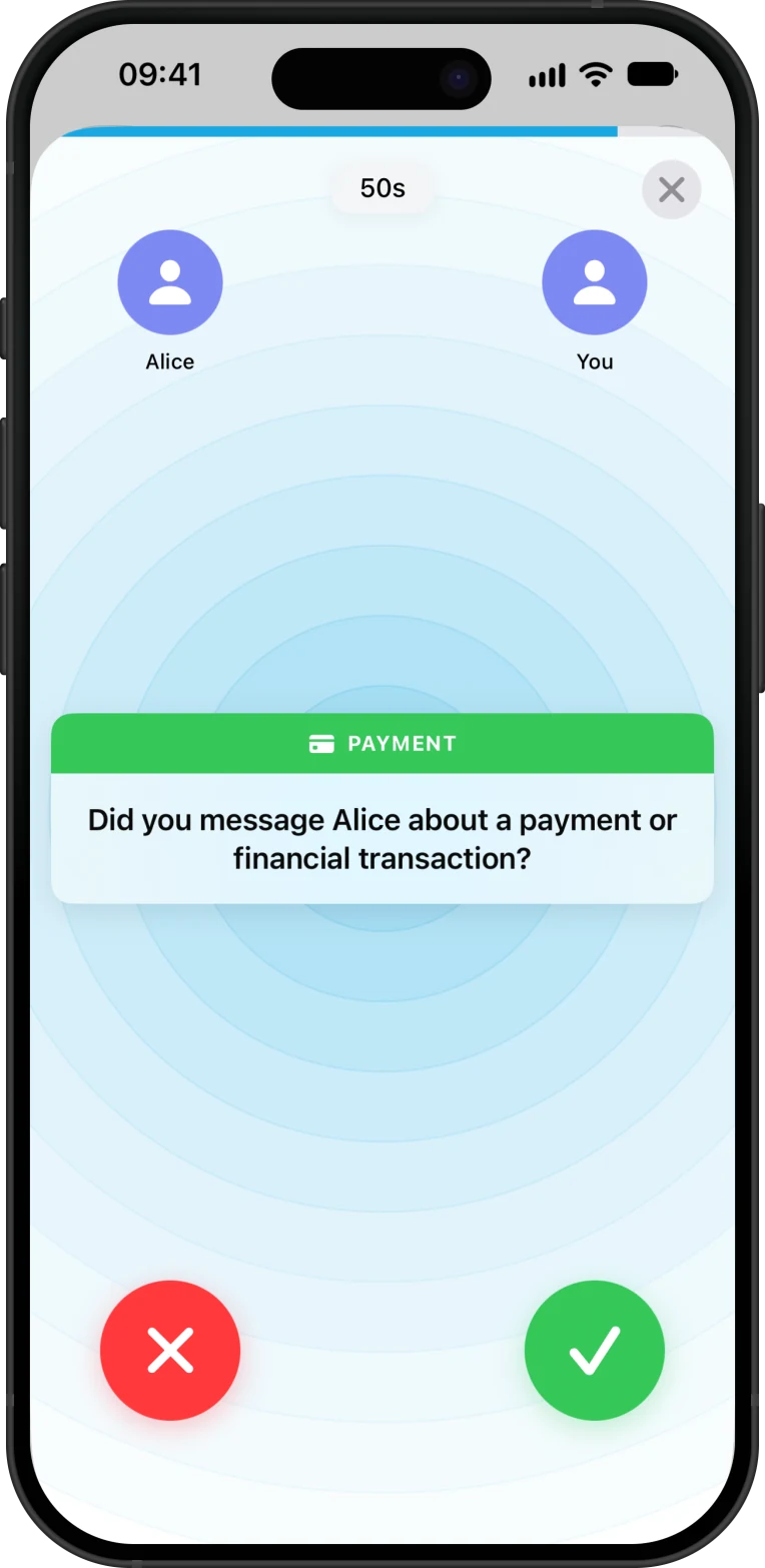 An incoming Payment challenge in HonestID, asking Did you message Alice about a payment or financial transaction? A red cross button and a green tick button sit below it, with a 50 second countdown above.